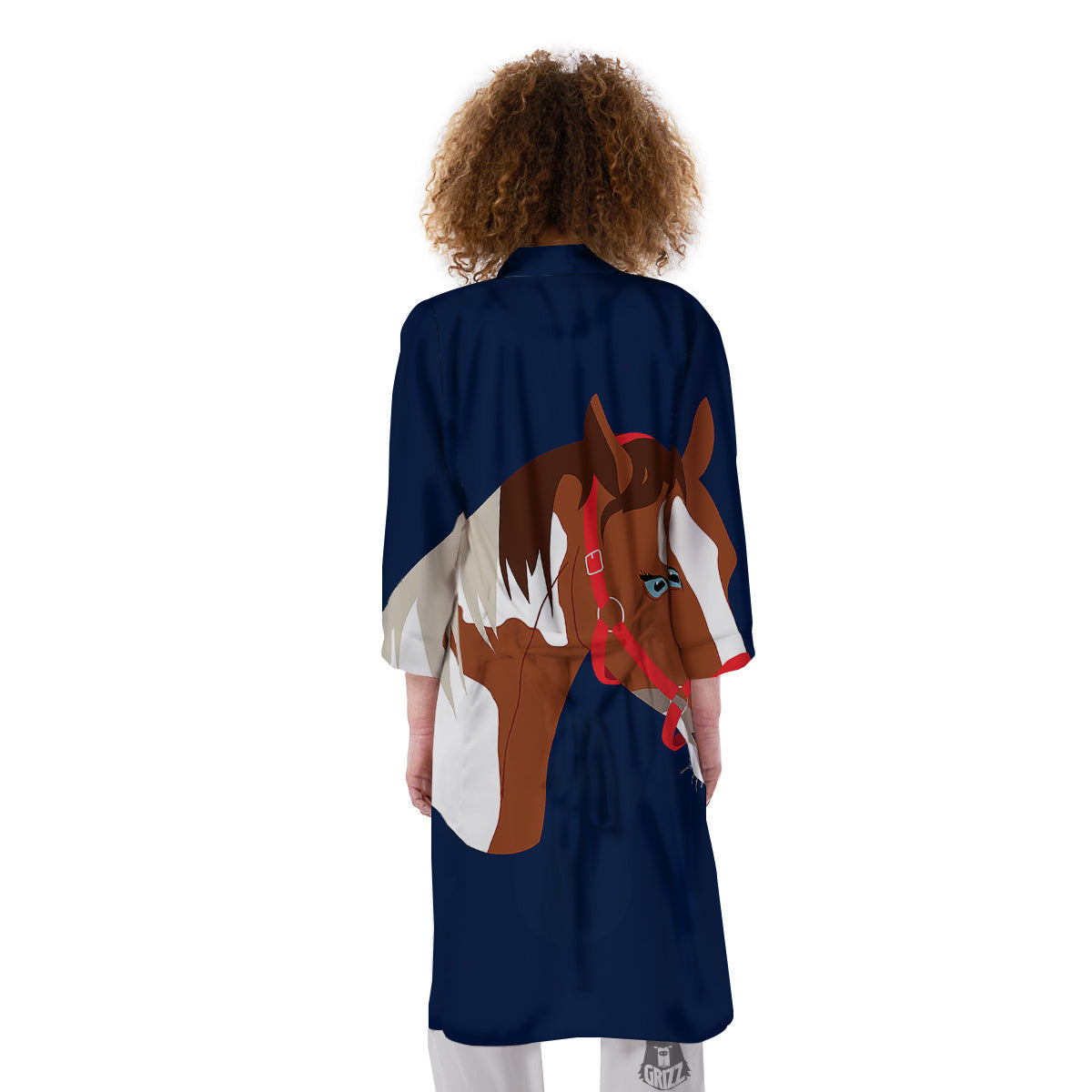 Horse Portrait Dark Blue Print Kimono-grizzshop