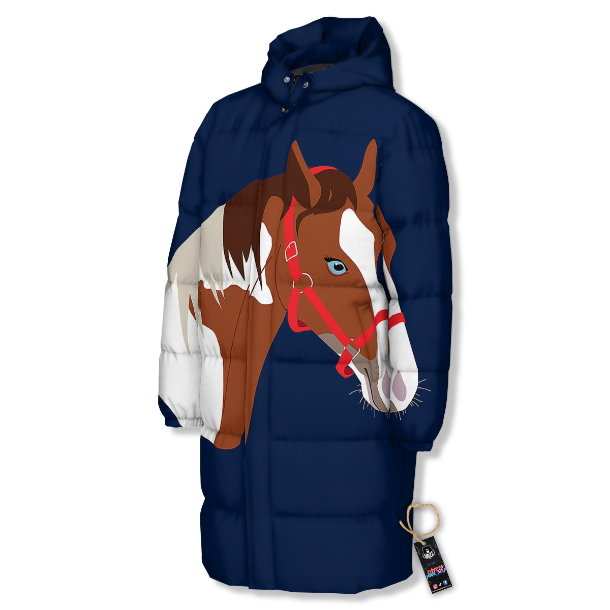 Horse Portrait Dark Blue Print Long Down Jacket-grizzshop