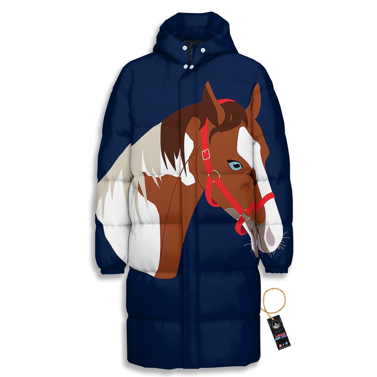 Horse Portrait Dark Blue Print Long Down Jacket-grizzshop