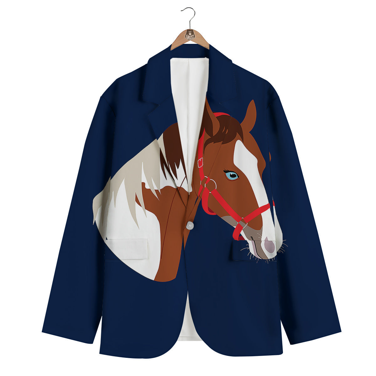 Horse Portrait Dark Blue Print Men's Blazer-grizzshop