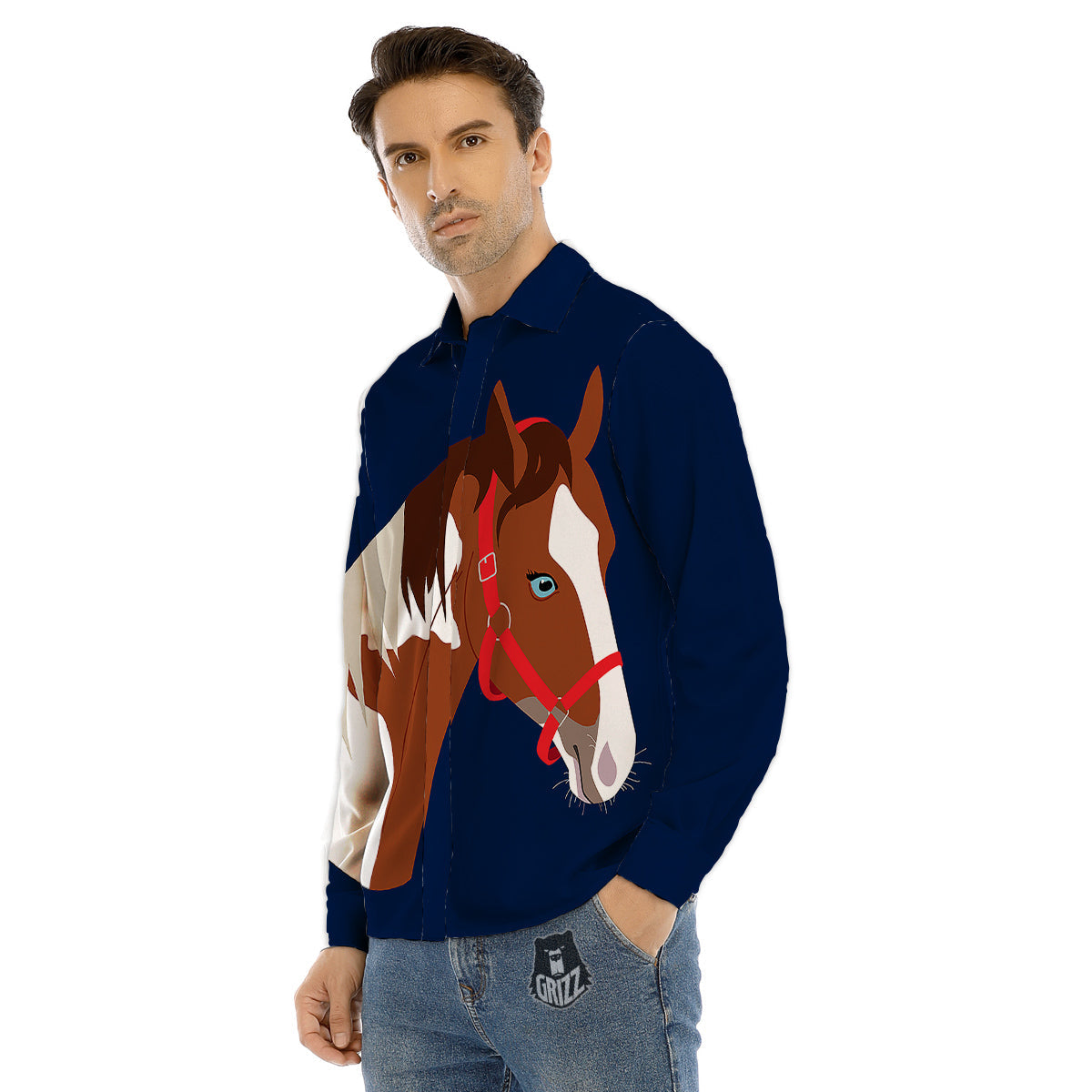 Horse Portrait Dark Blue Print Men's Dress Shirts-grizzshop