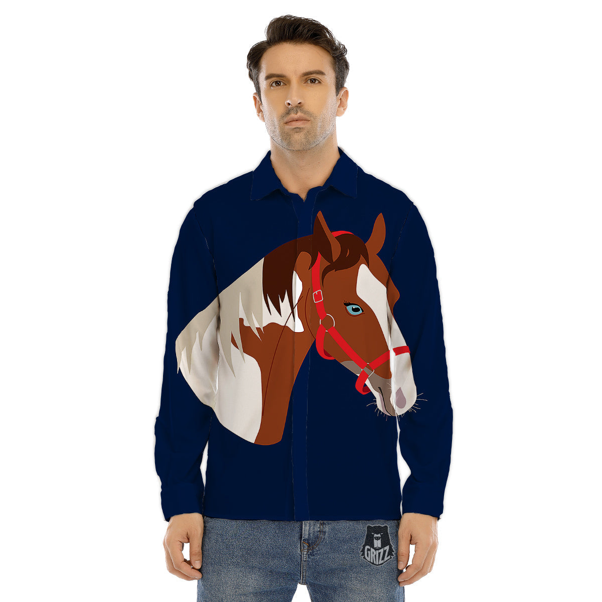 Horse Portrait Dark Blue Print Men's Dress Shirts-grizzshop