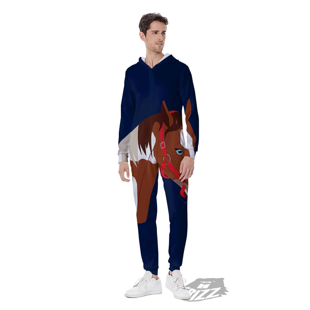 Horse Portrait Dark Blue Print Men's Jumpsuit-grizzshop