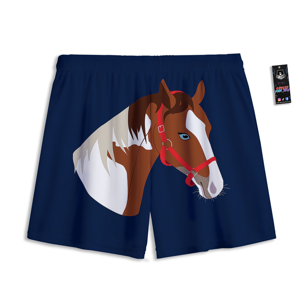 Horse Portrait Dark Blue Print Mesh Shorts