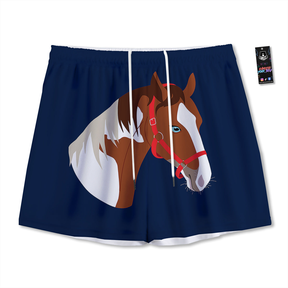 Horse Portrait Dark Blue Print Mesh Shorts