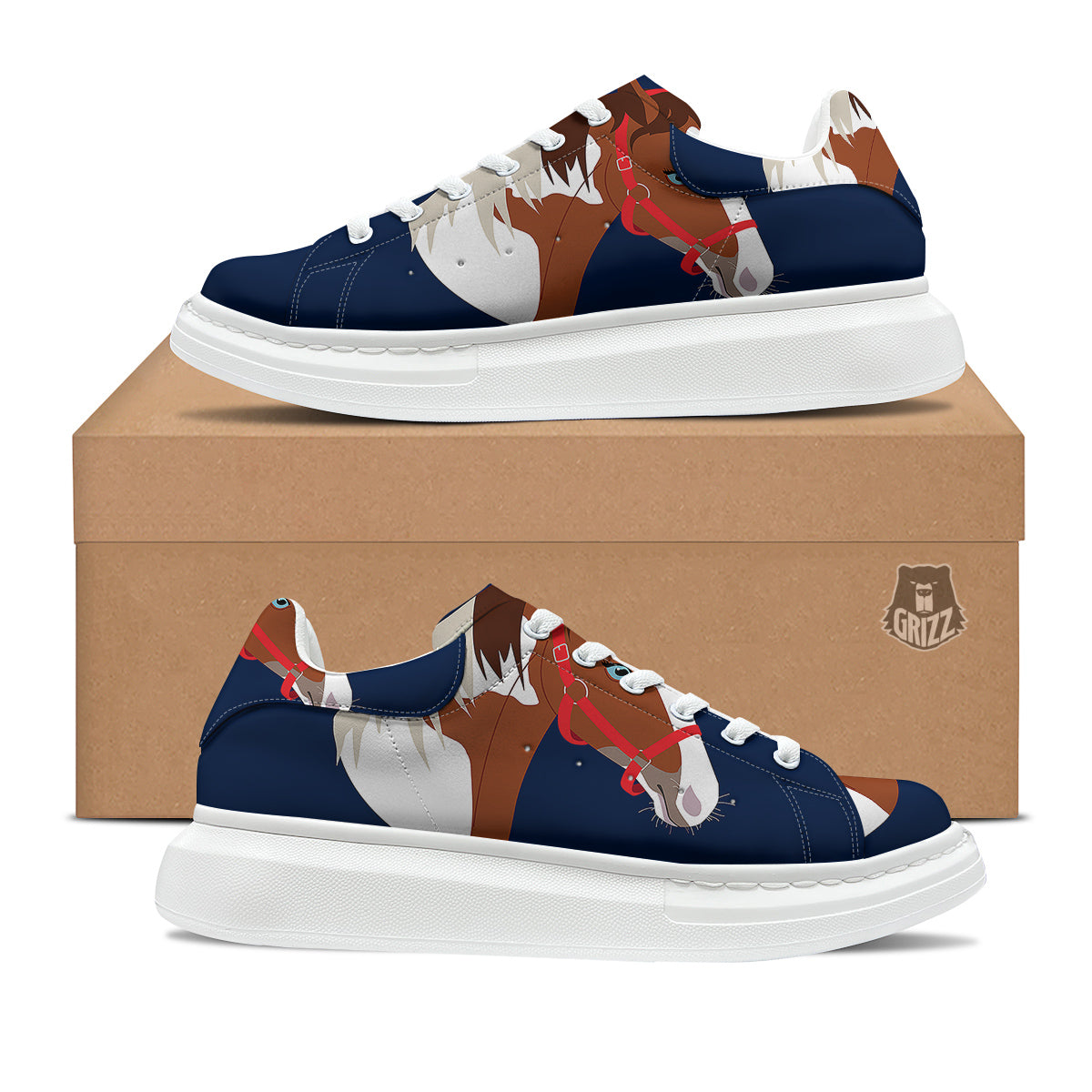 Horse Portrait Dark Blue Print Platform Shoes-grizzshop