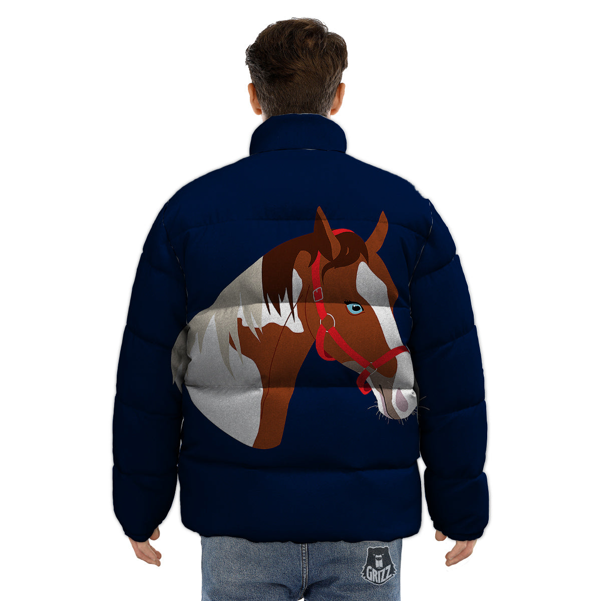 Horse Portrait Dark Blue Print Puffer Jacket-grizzshop