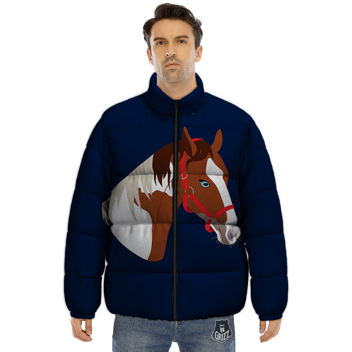 Horse Portrait Dark Blue Print Puffer Jacket-grizzshop
