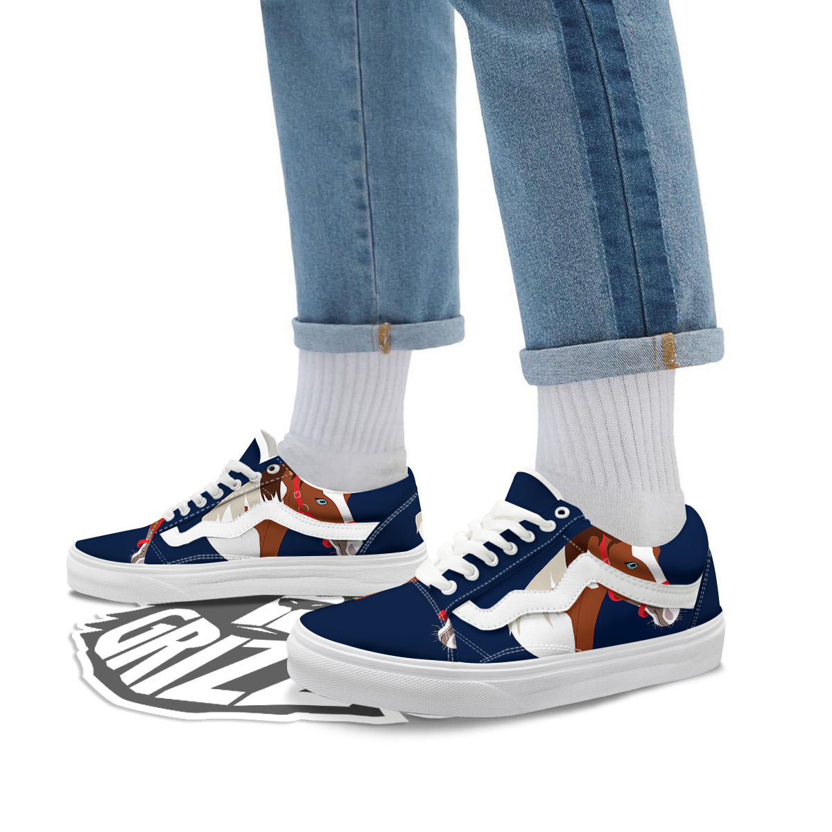 Horse Portrait Dark Blue Print Skate Shoes-grizzshop