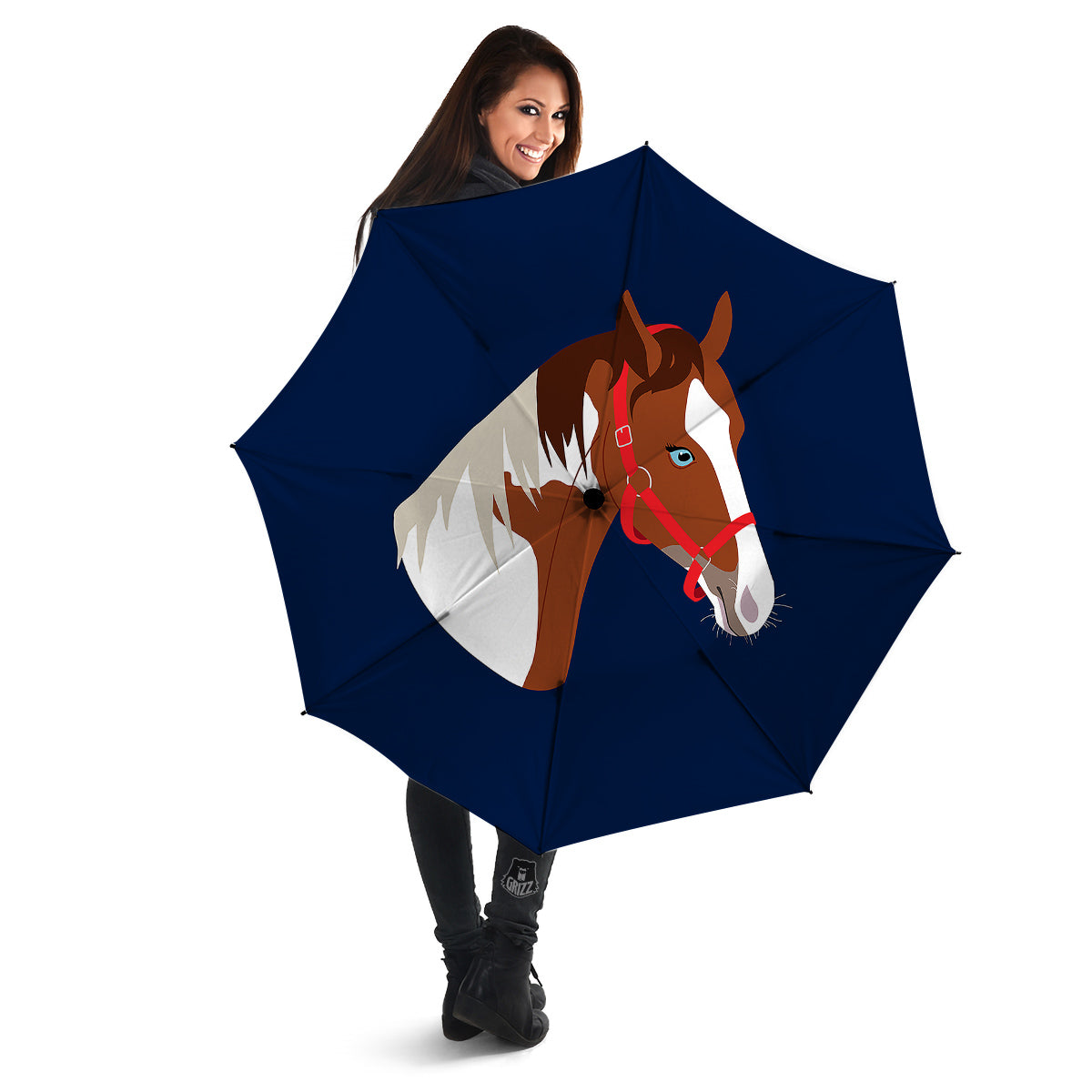Horse Portrait Dark Blue Print Umbrella-grizzshop