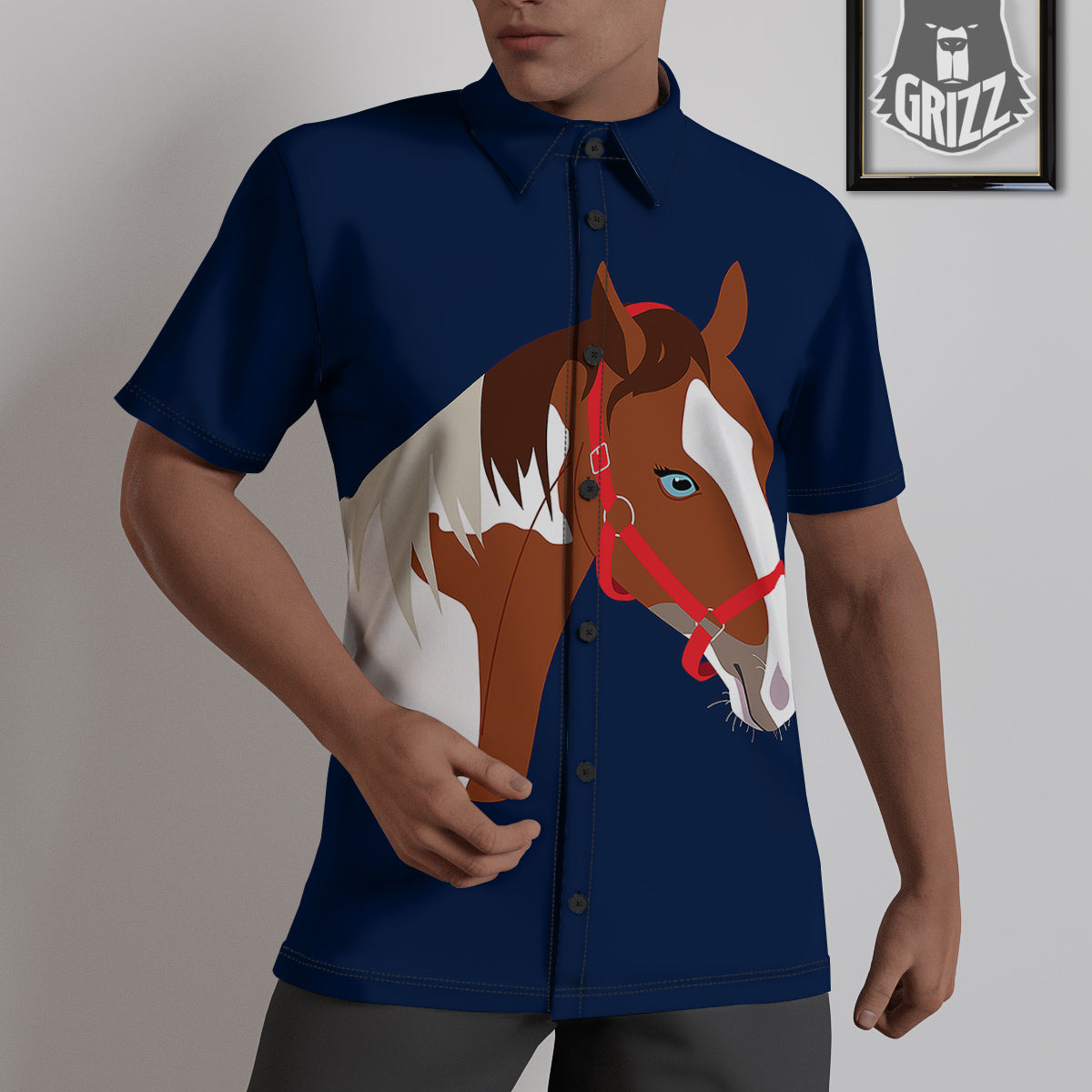 Horse Portrait Dark Blue Print Untucked Shirts-grizzshop