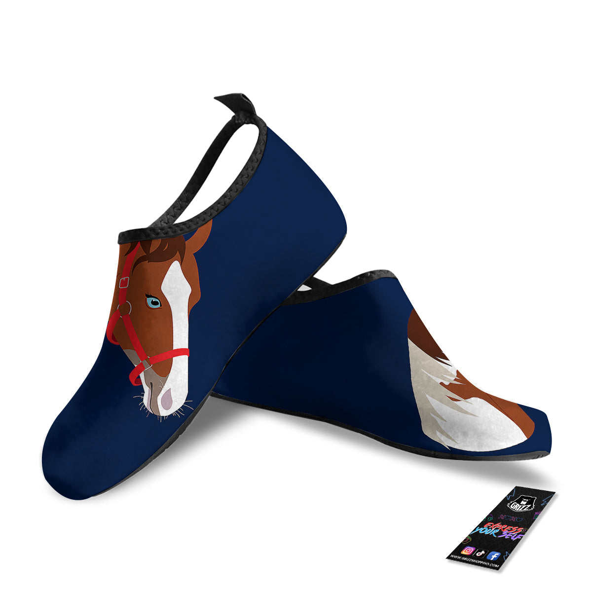 Horse Portrait Dark Blue Print Water Shoes-grizzshop
