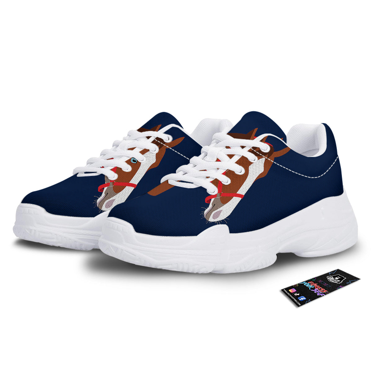 Horse Portrait Dark Blue Print White Chunky Shoes-grizzshop