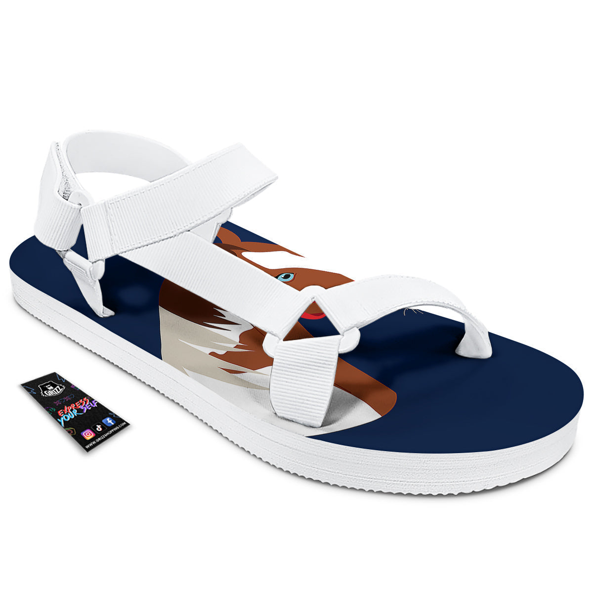Horse Portrait Dark Blue Print White Open Toe Sandals-grizzshop