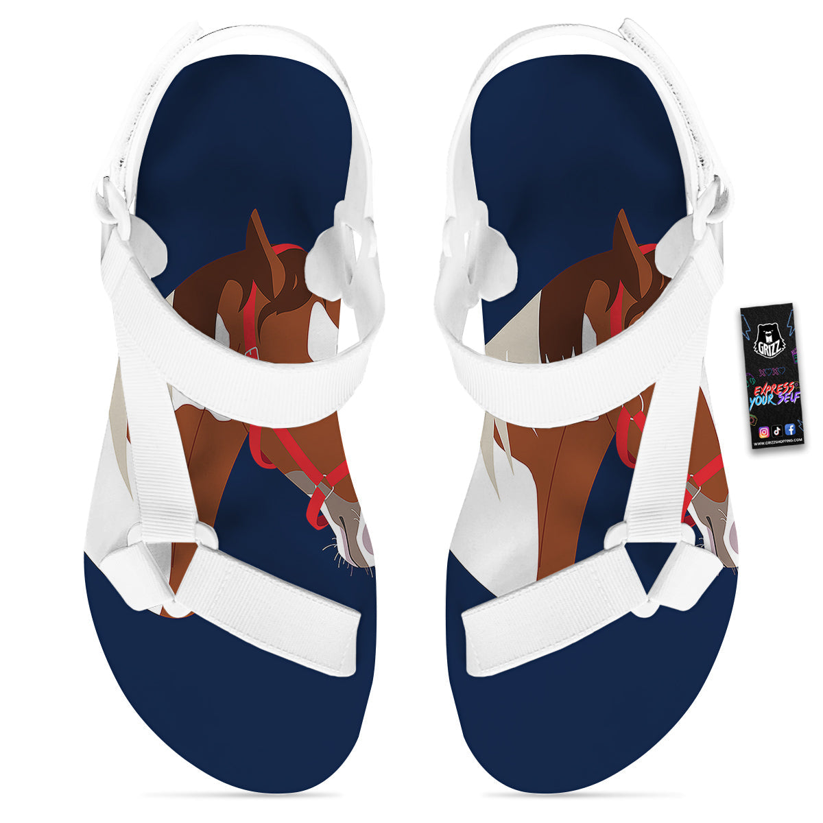 Horse Portrait Dark Blue Print White Open Toe Sandals-grizzshop