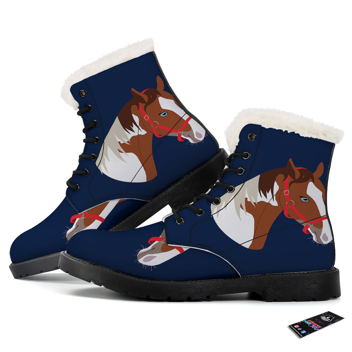 Horse Portrait Dark Blue Print Winter Boots-grizzshop