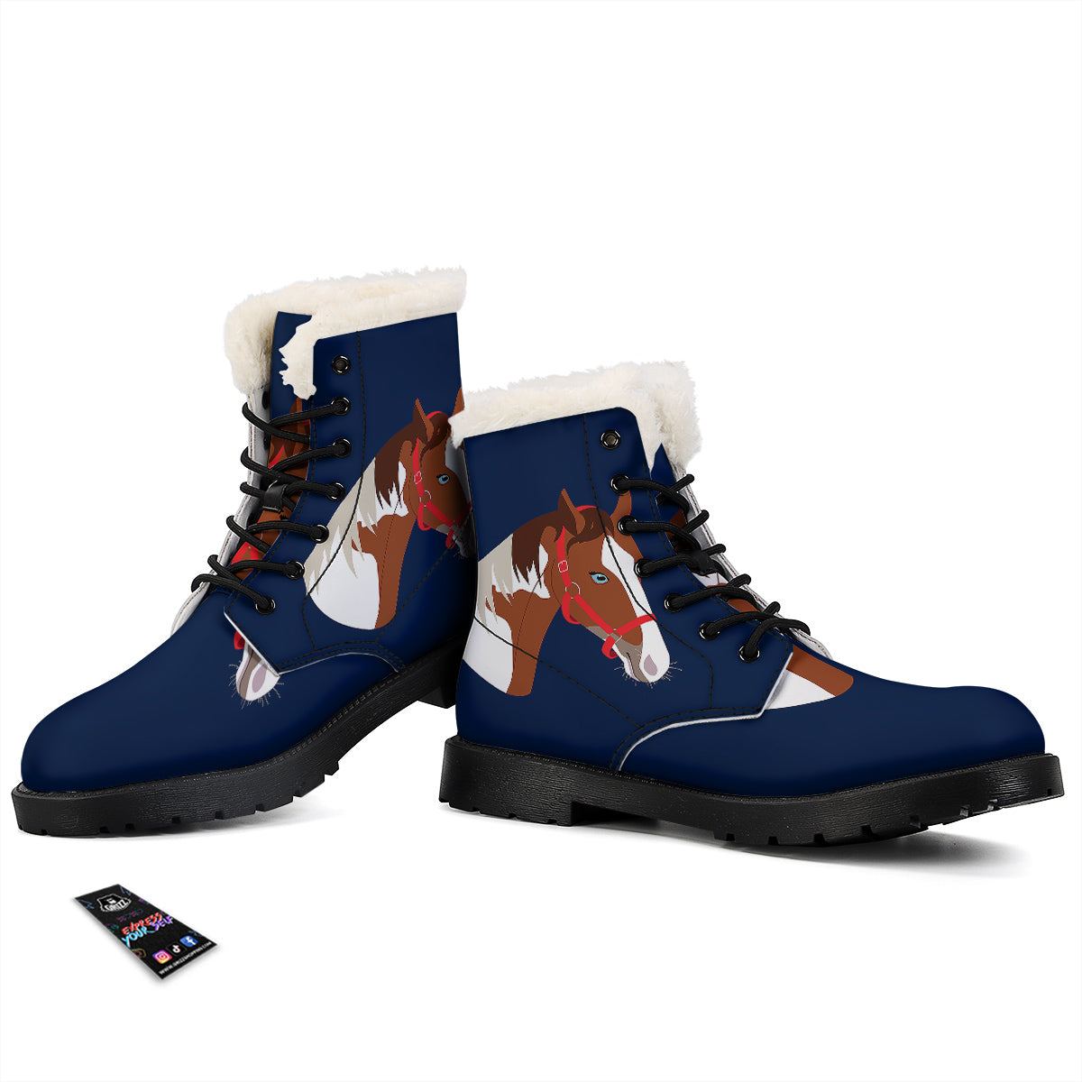 Horse Portrait Dark Blue Print Winter Boots-grizzshop