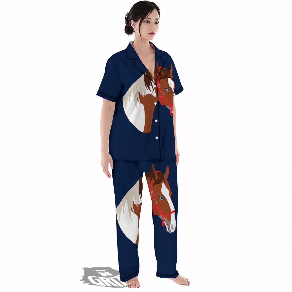 Horse Portrait Dark Blue Print Women's Pajamas Set-grizzshop