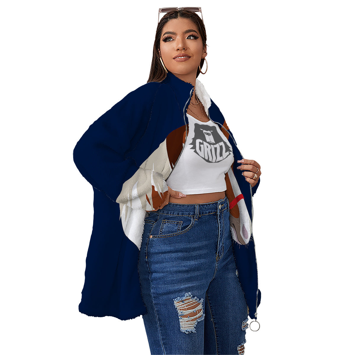 Horse Portrait Dark Blue Print Women's Sherpa Jacket-grizzshop