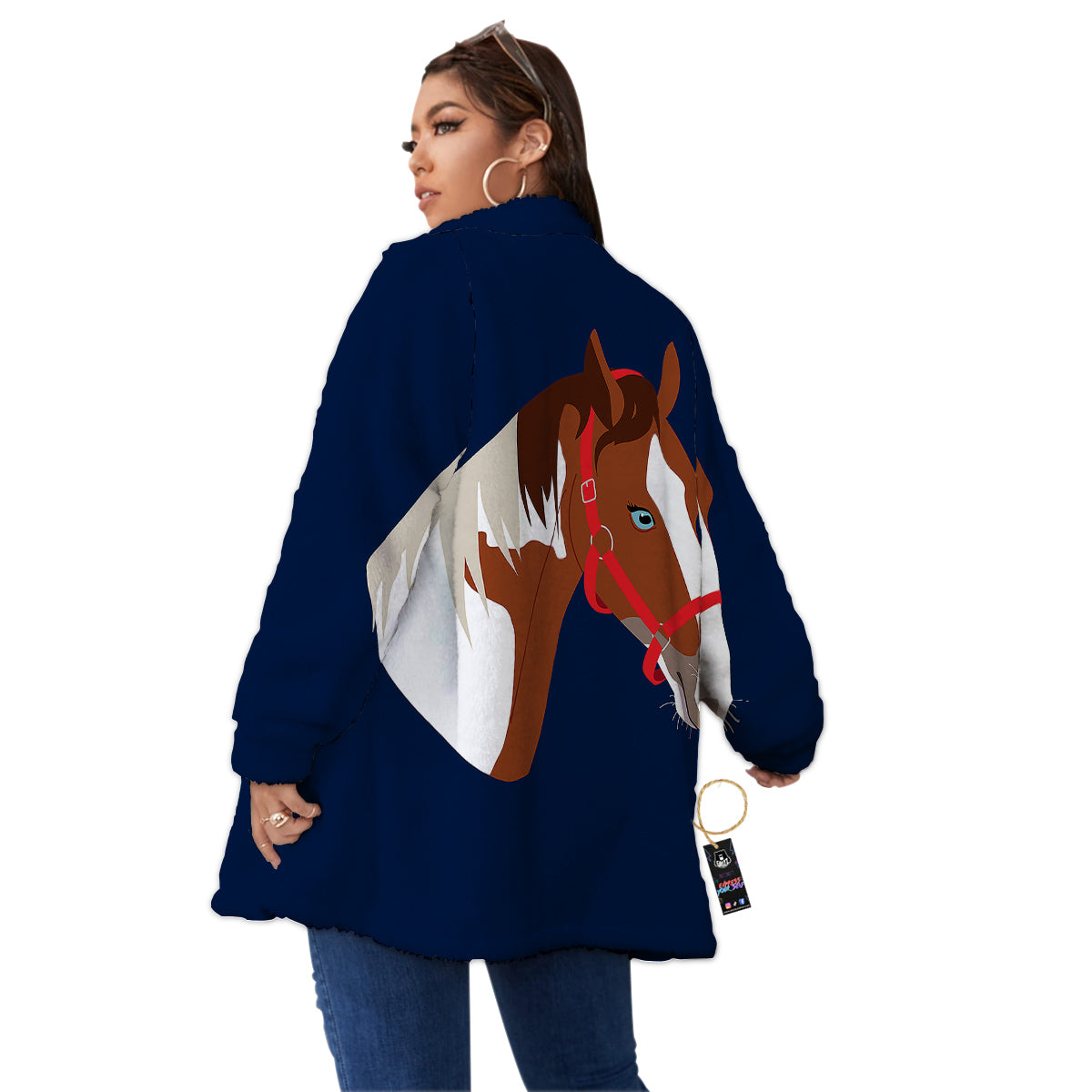 Horse Portrait Dark Blue Print Women's Sherpa Jacket-grizzshop