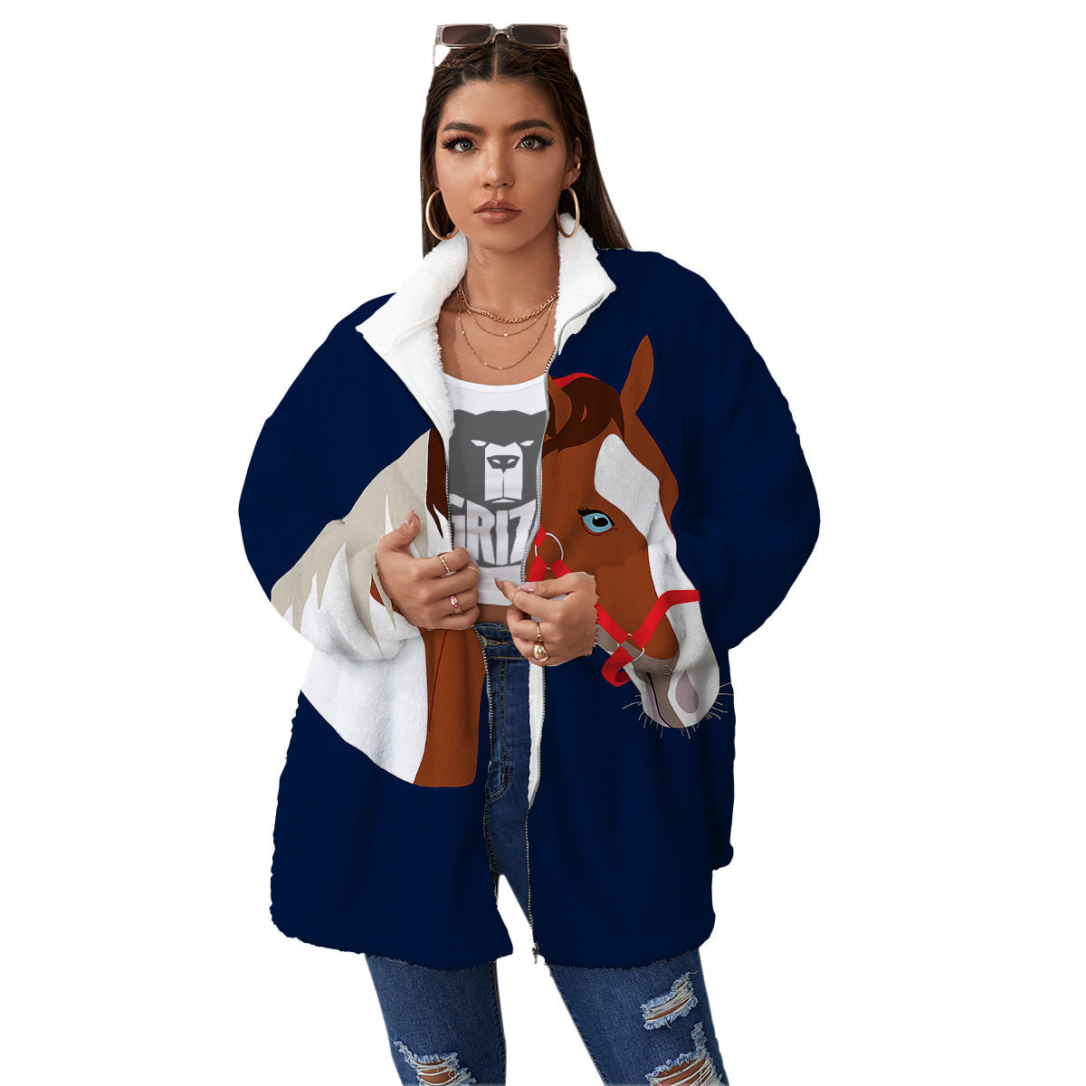 Horse Portrait Dark Blue Print Women's Sherpa Jacket-grizzshop
