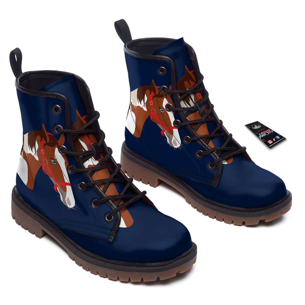 Horse Portrait Dark Blue Print Work Boots-grizzshop