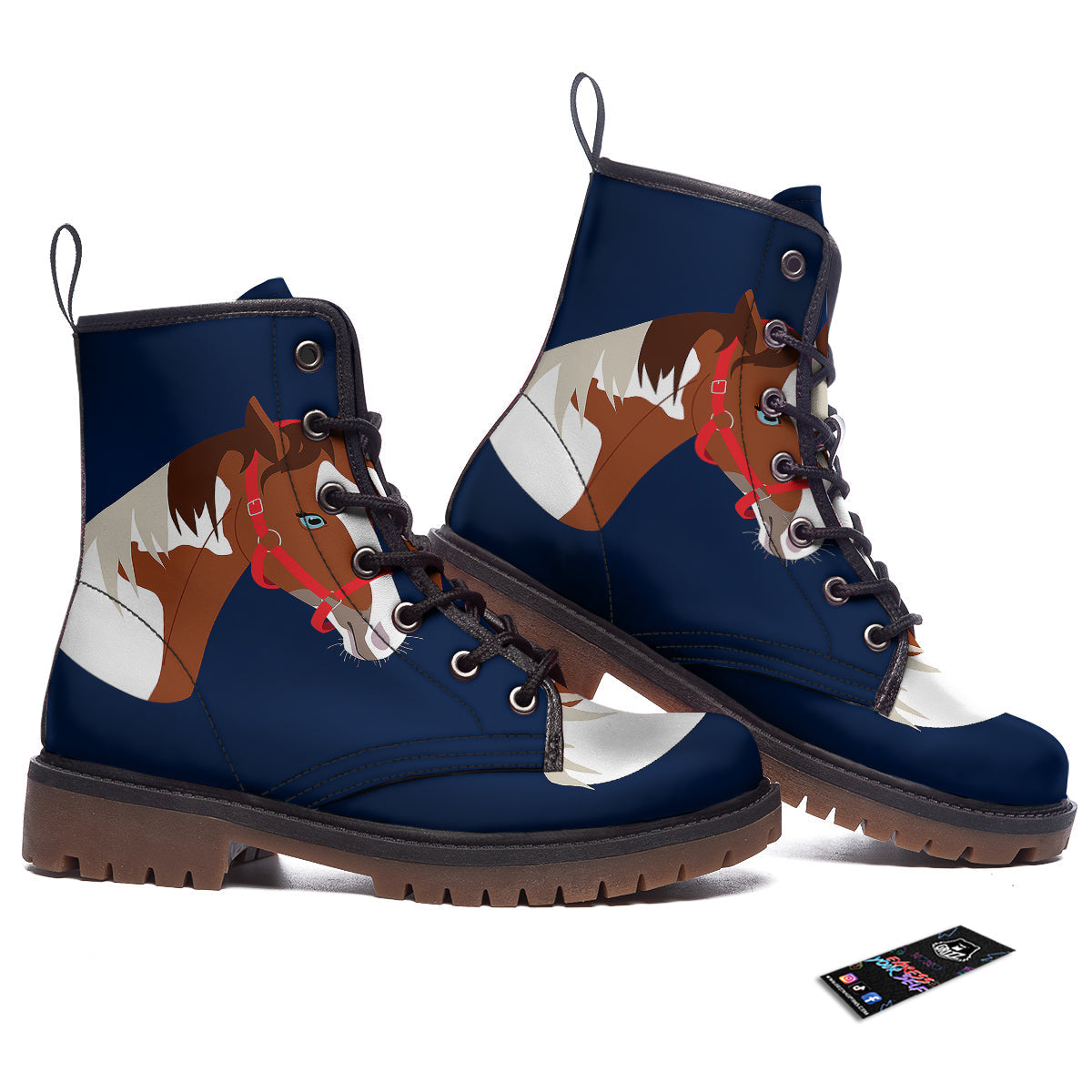 Horse Portrait Dark Blue Print Work Boots-grizzshop