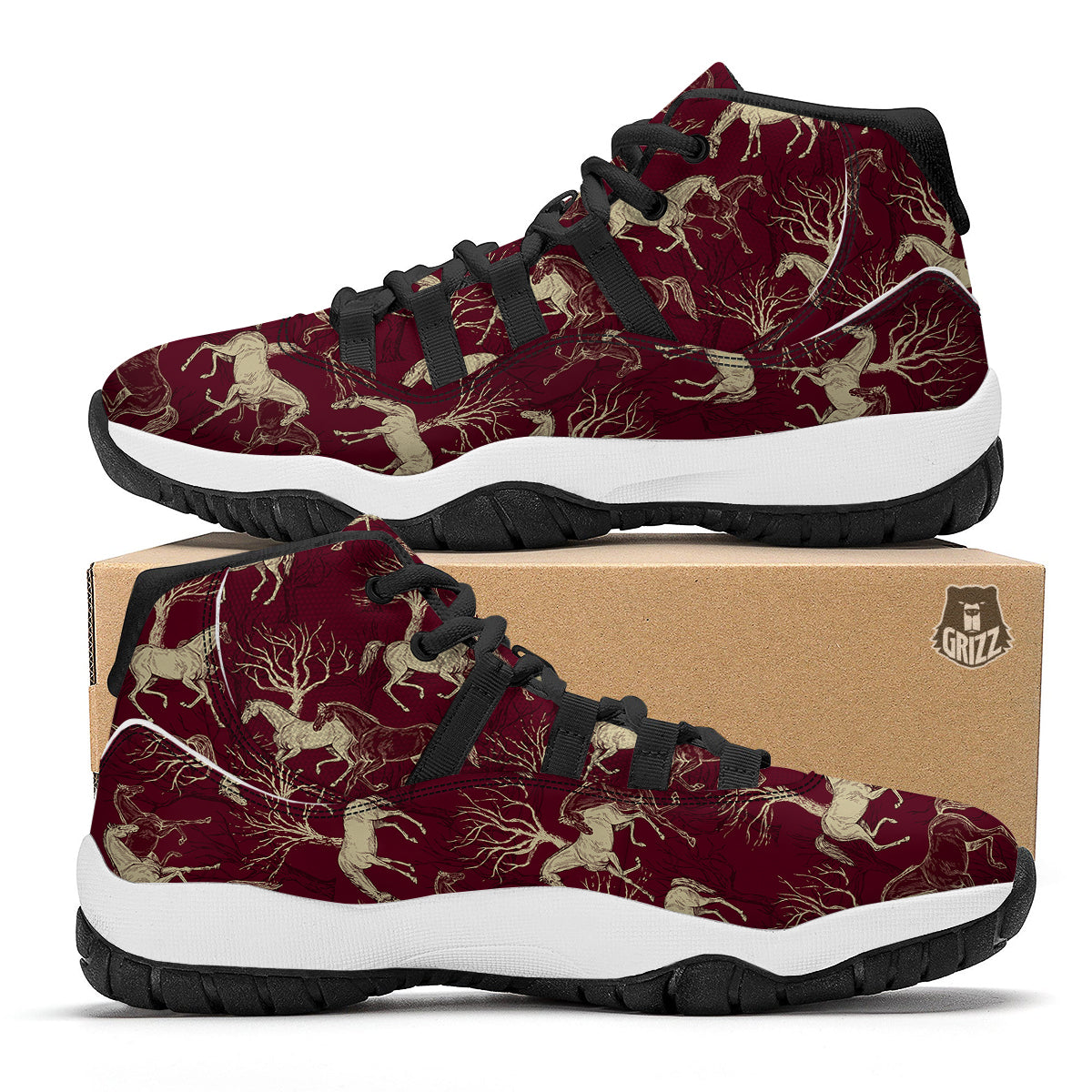 Horse Print Pattern Black Bball Shoes-grizzshop