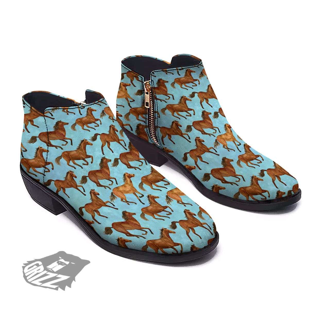 Horse Watercolor Print Pattern Ankle Boots-grizzshop