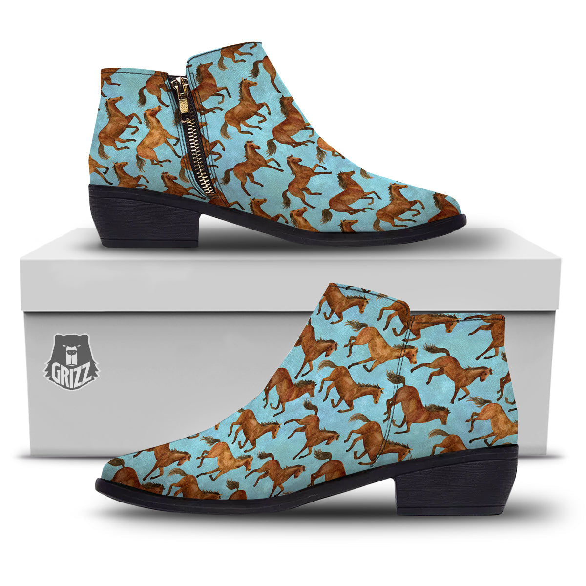 Horse Watercolor Print Pattern Ankle Boots-grizzshop