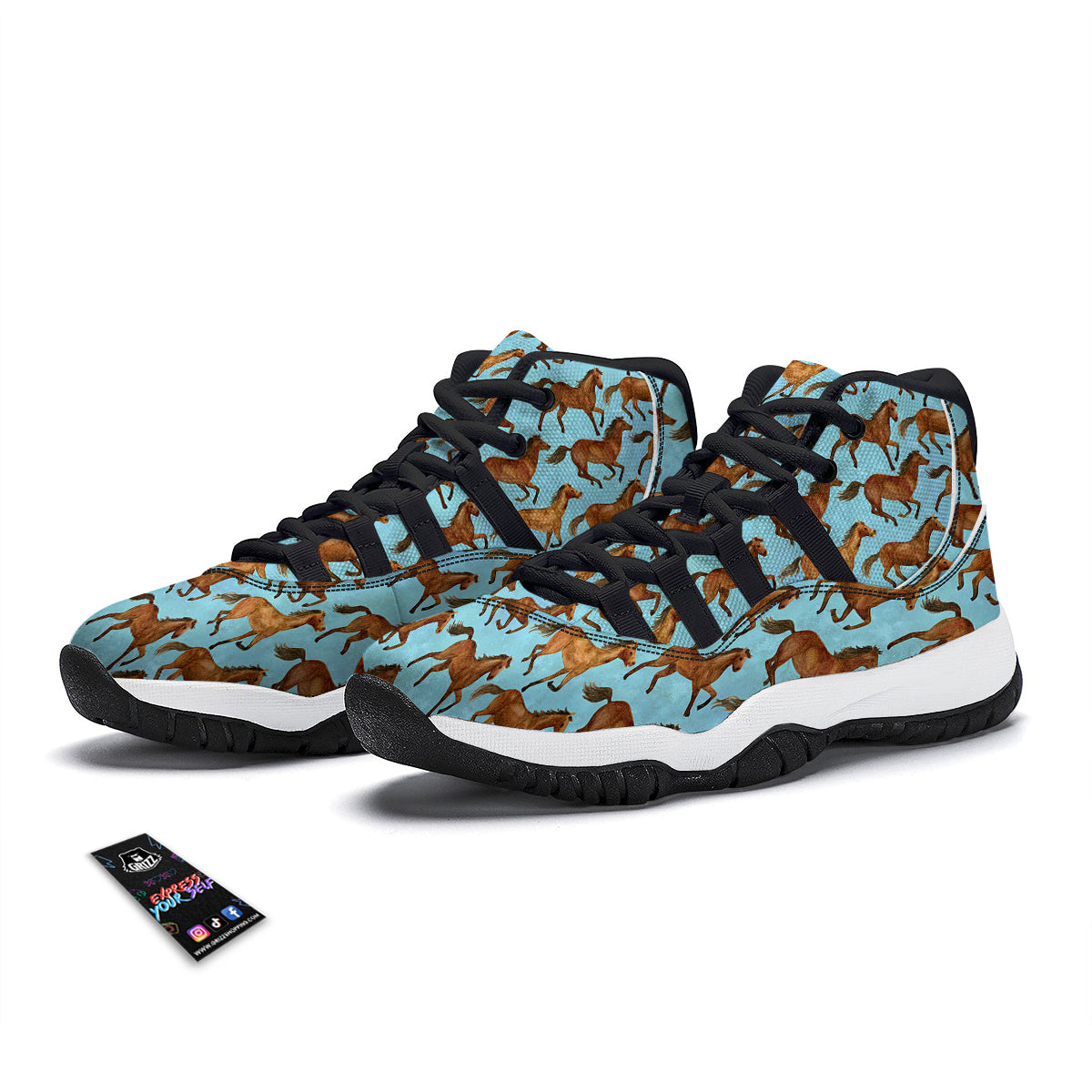 Horse Watercolor Print Pattern Black Bball Shoes-grizzshop