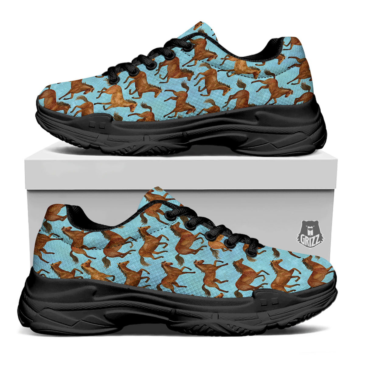 Horse Watercolor Print Pattern Black Chunky Shoes-grizzshop