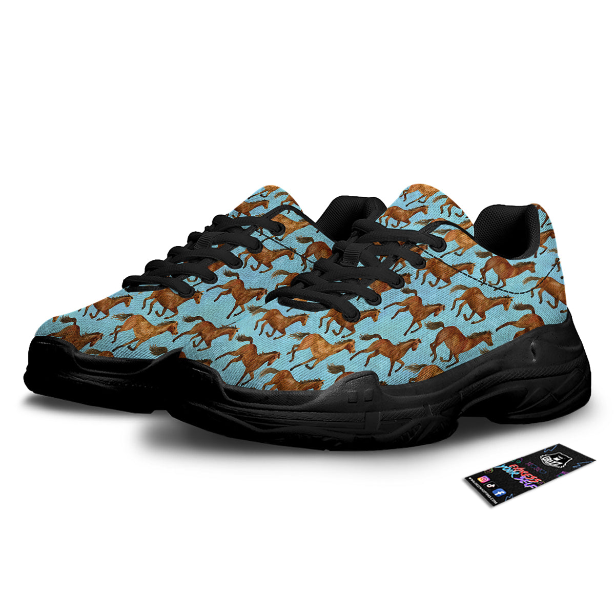 Horse Watercolor Print Pattern Black Chunky Shoes-grizzshop
