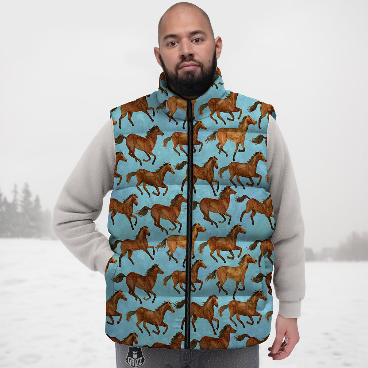 Horse Watercolor Print Pattern Down Vest