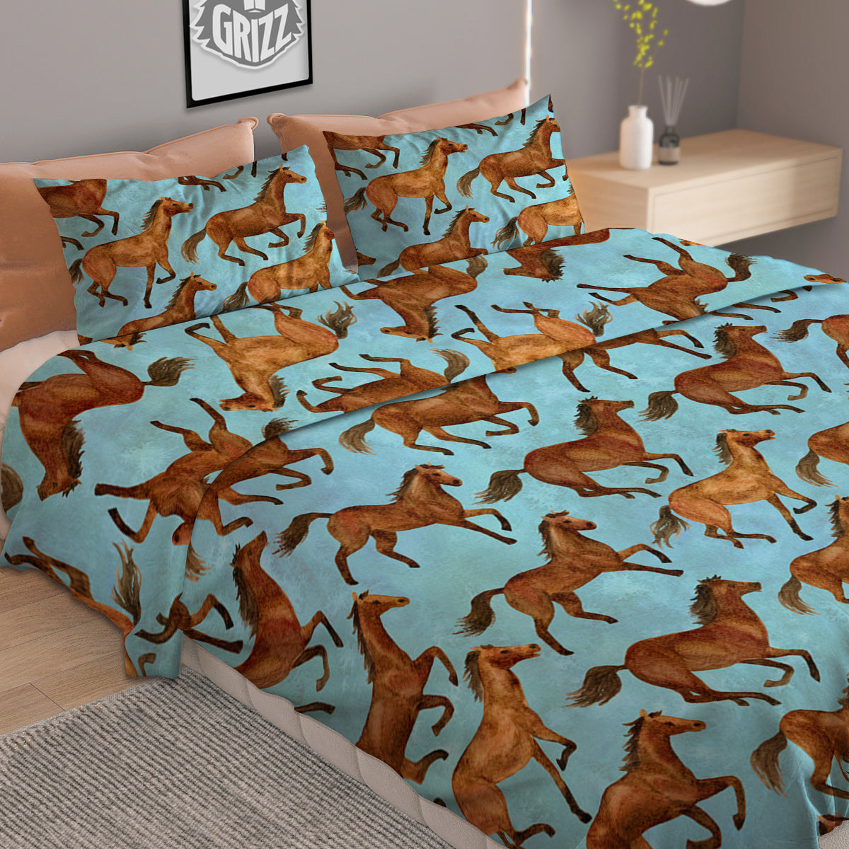 Horse Watercolor Print Pattern Duvet Cover Bedding Set