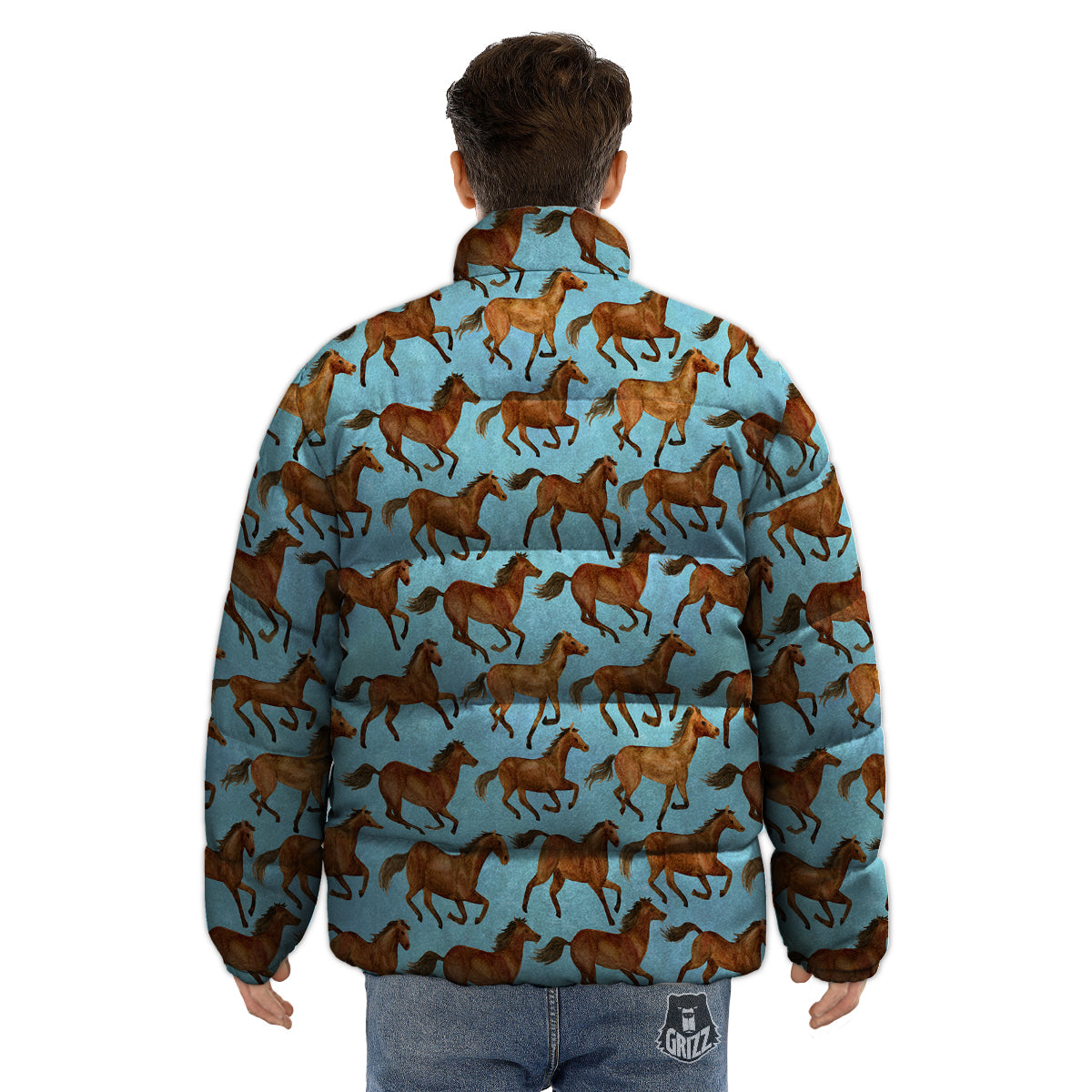 Horse Watercolor Print Pattern Puffer Jacket-grizzshop