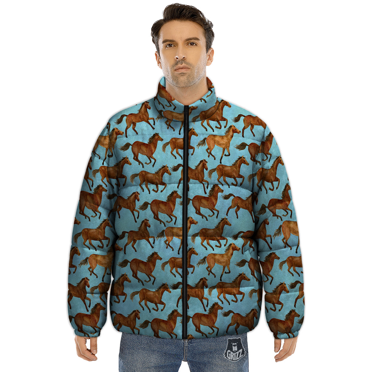Horse Watercolor Print Pattern Puffer Jacket-grizzshop