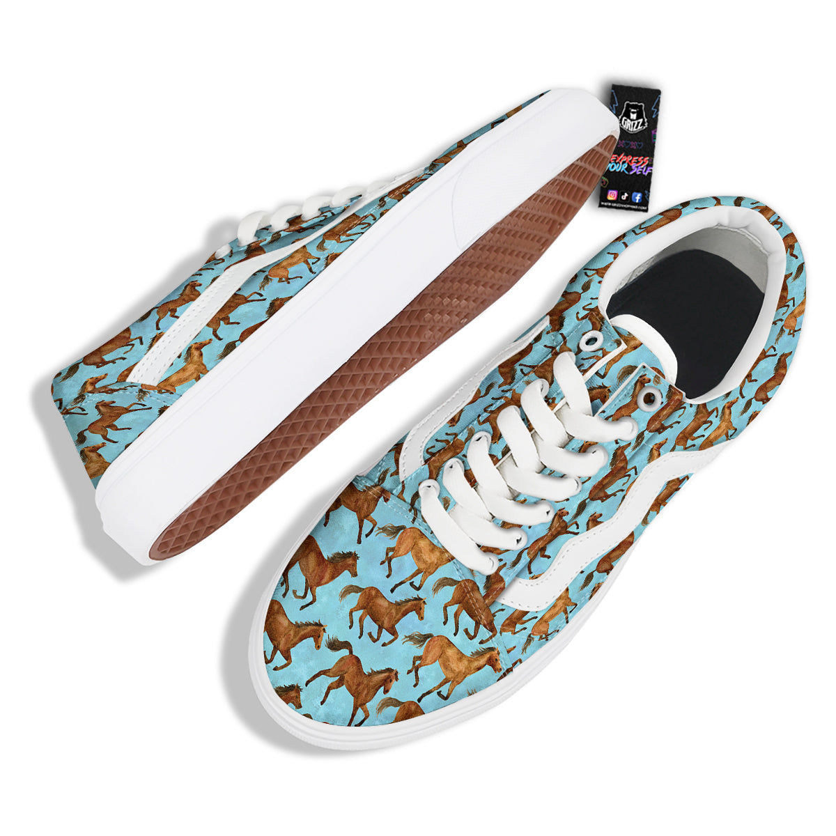 Horse Watercolor Print Pattern Skate Shoes-grizzshop