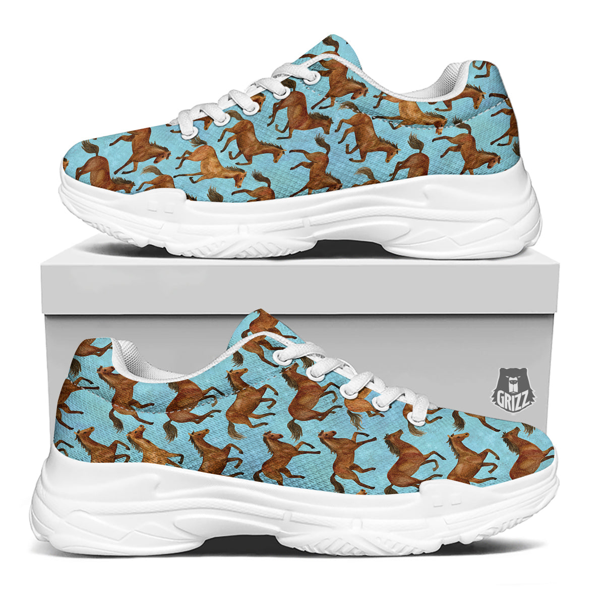 Horse Watercolor Print Pattern White Chunky Shoes-grizzshop