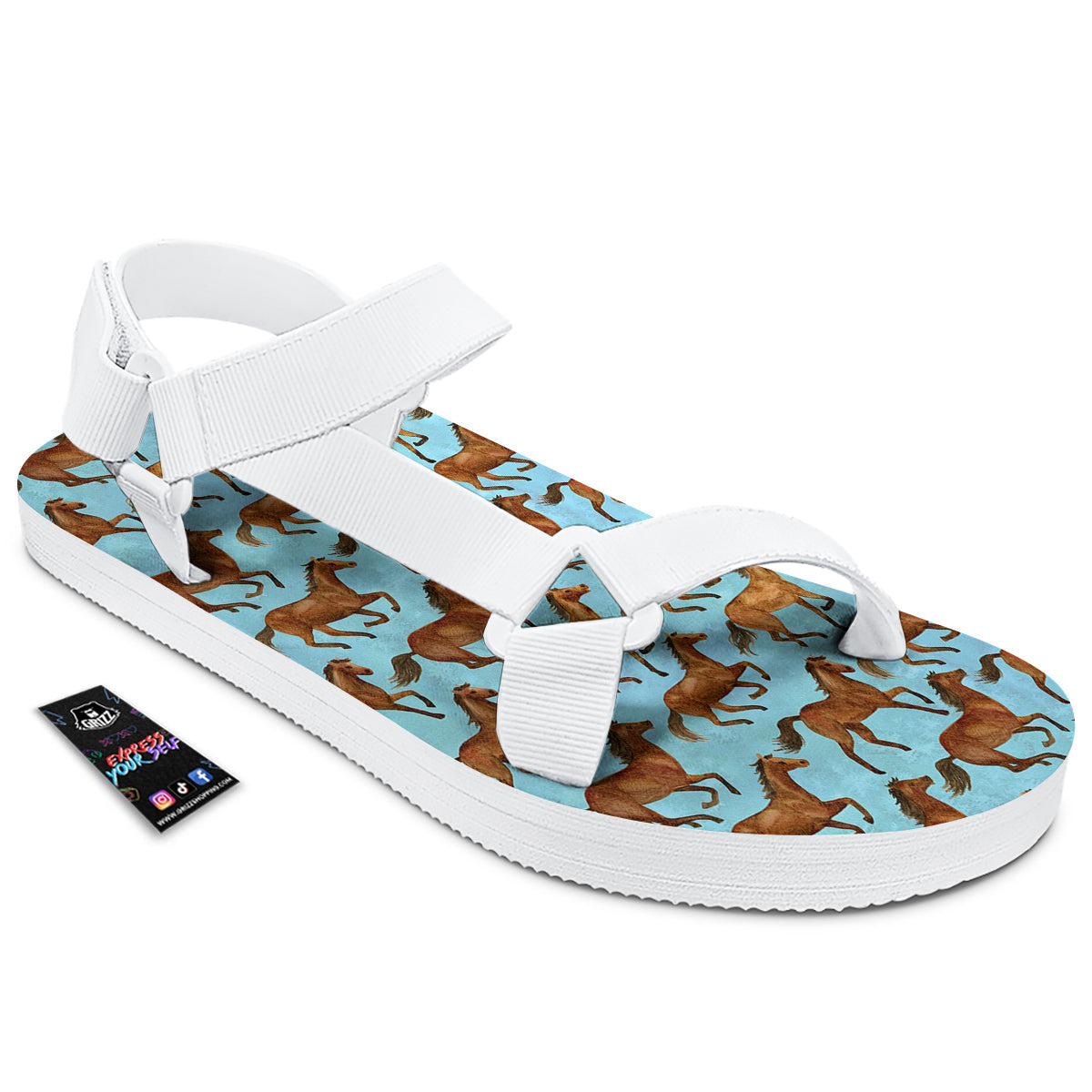 Horse Watercolor Print Pattern White Open Toe Sandals-grizzshop