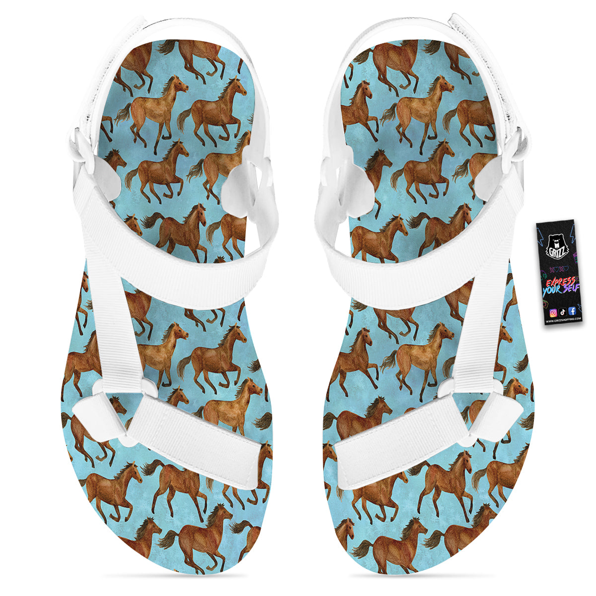 Horse Watercolor Print Pattern White Open Toe Sandals-grizzshop