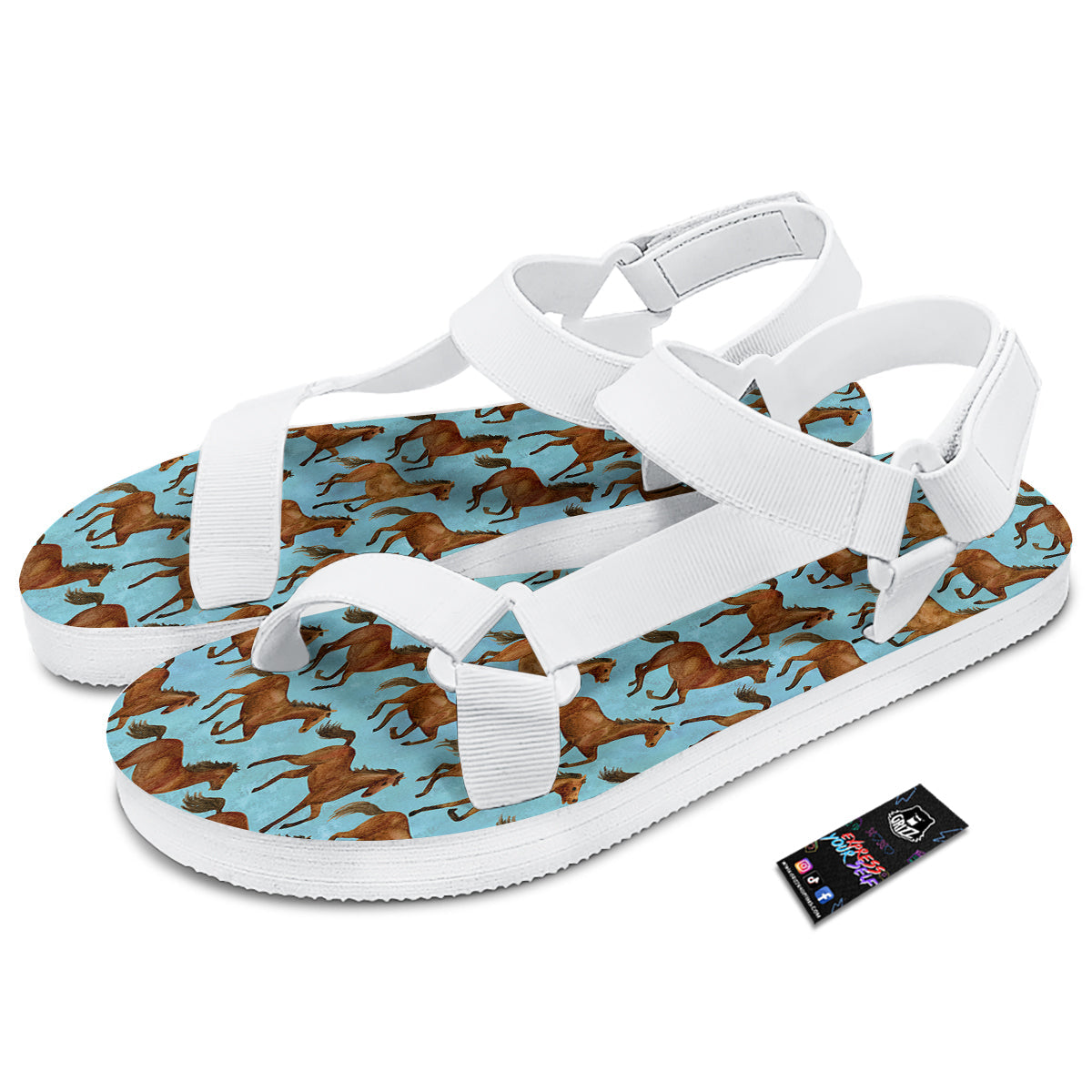 Horse Watercolor Print Pattern White Open Toe Sandals-grizzshop