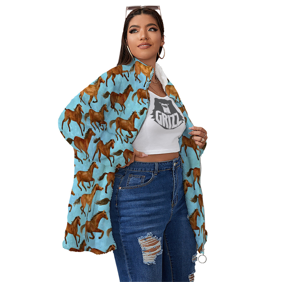 Horse Watercolor Print Pattern Women's Sherpa Jacket-grizzshop