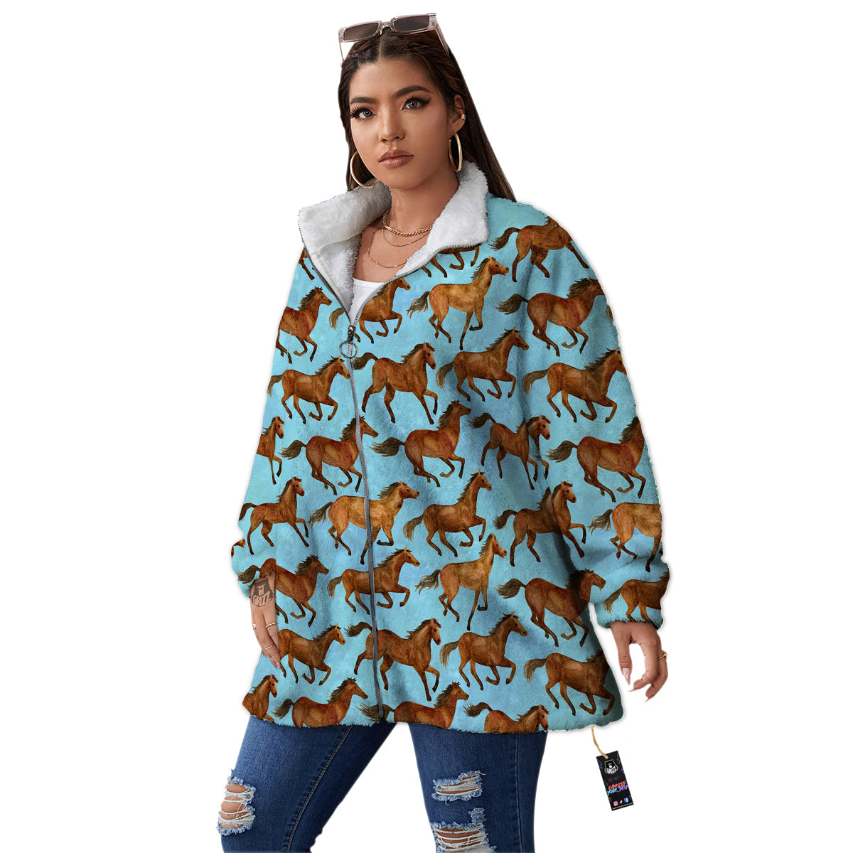 Horse Watercolor Print Pattern Women's Sherpa Jacket-grizzshop