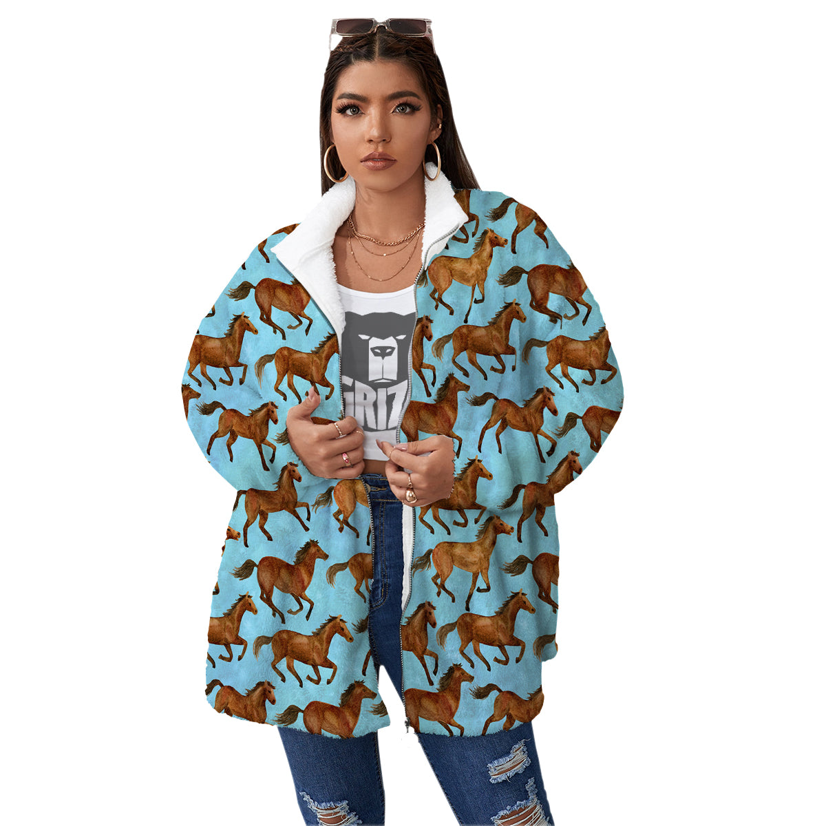 Horse Watercolor Print Pattern Women's Sherpa Jacket-grizzshop
