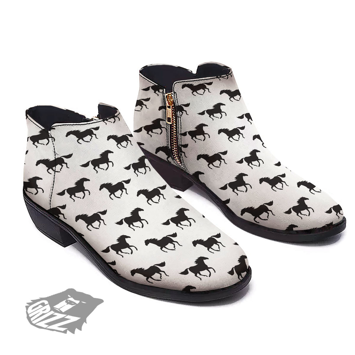 Horse White And Black Print Pattern Ankle Boots-grizzshop