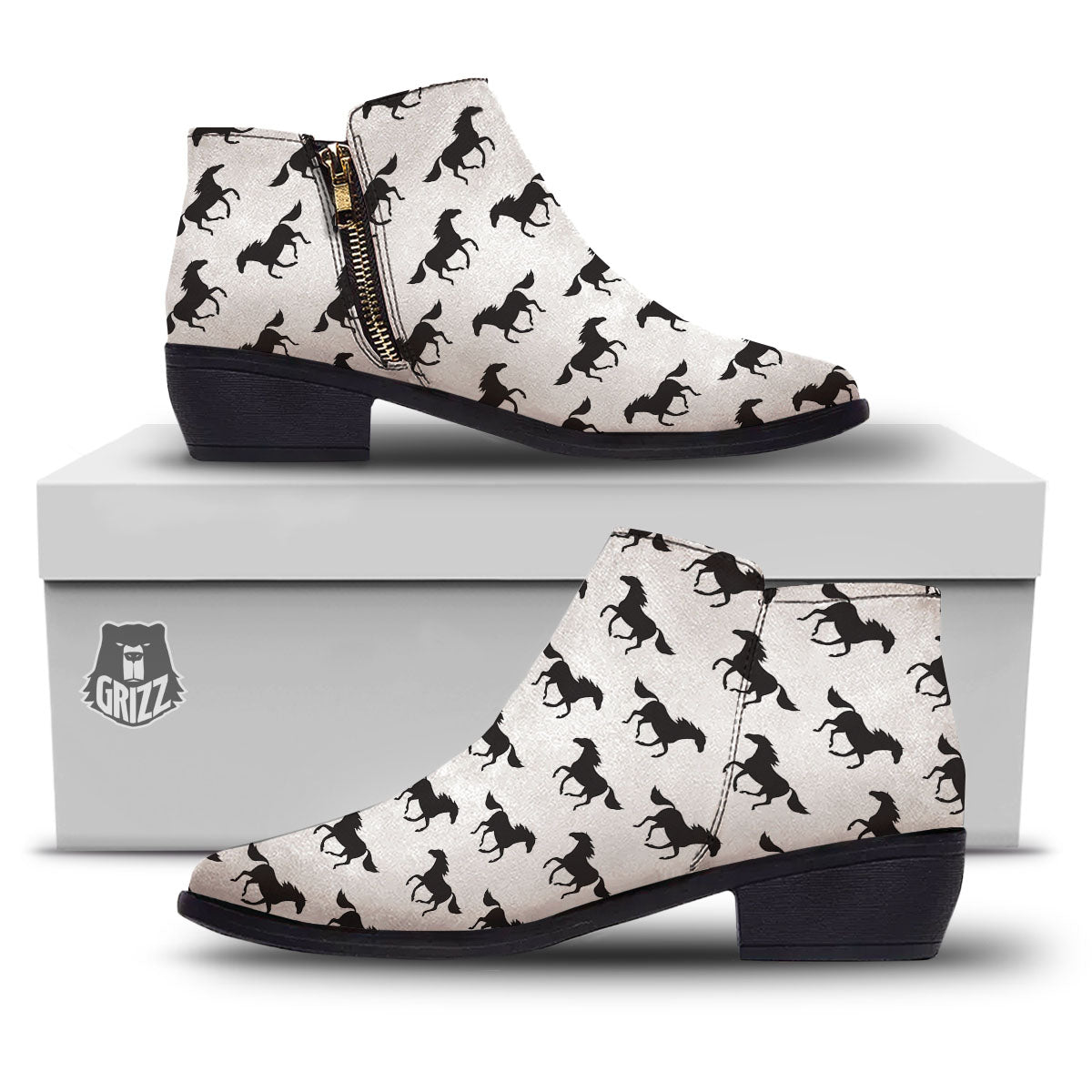 Horse White And Black Print Pattern Ankle Boots-grizzshop