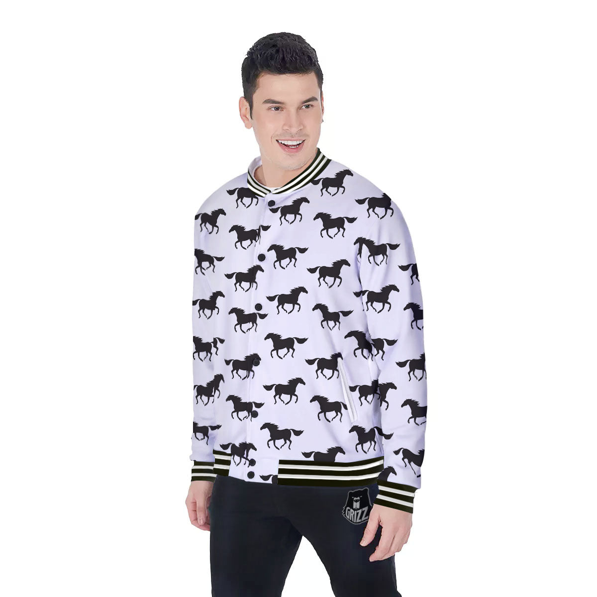 Horse White And Black Print Pattern Baseball Jacket-grizzshop