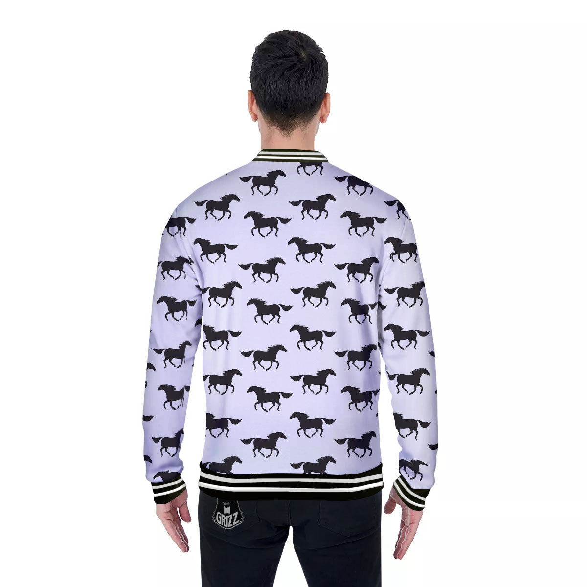 Horse White And Black Print Pattern Baseball Jacket-grizzshop