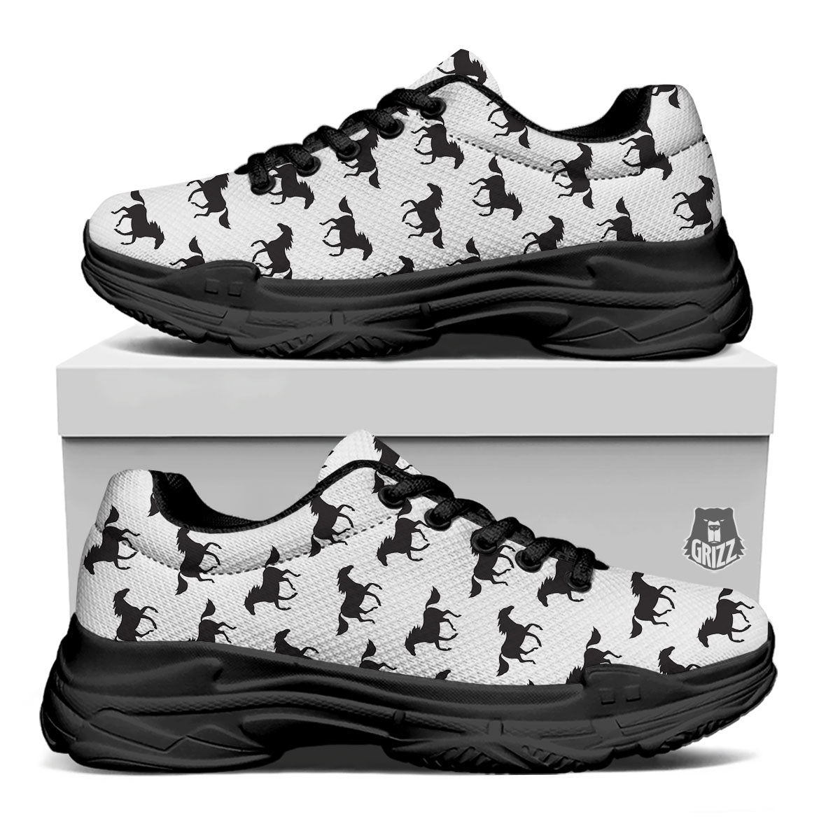Horse White And Black Print Pattern Black Chunky Shoes-grizzshop
